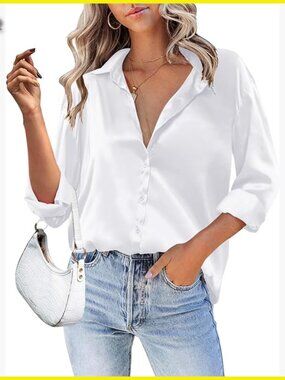 Satin Button Down Shirt Elegant Chic Oversized V-Neck Blouse Business Casual
